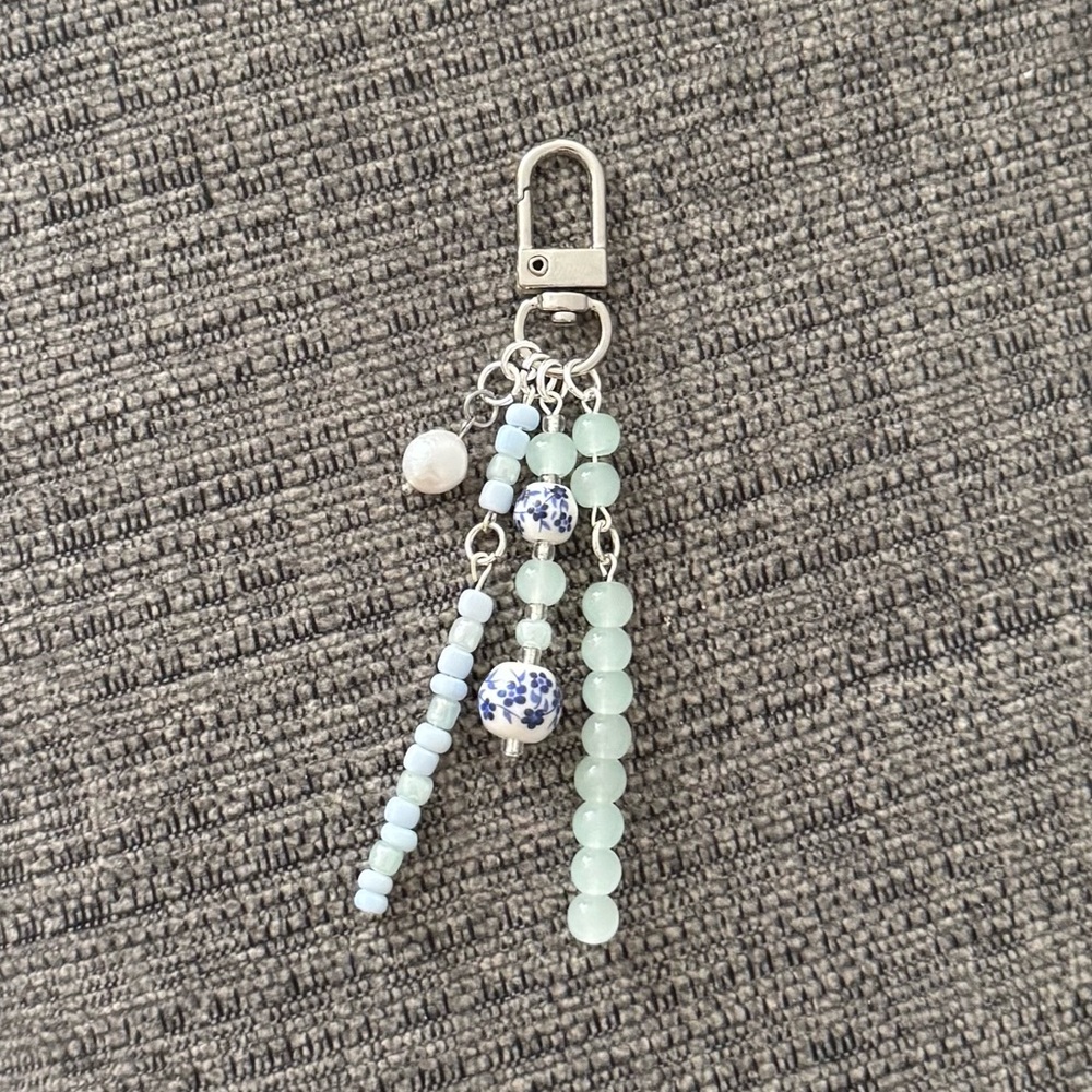 Gorgeous Mint & Blue Designer Inspired Beaded Bag Charm Keychain with Real Pearl